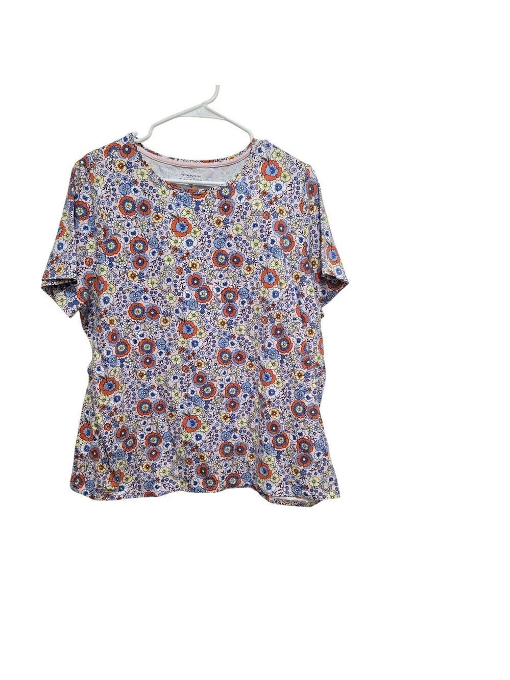 Talbots 2X Floral Garden Print Tee Pink Blue Stretch Top